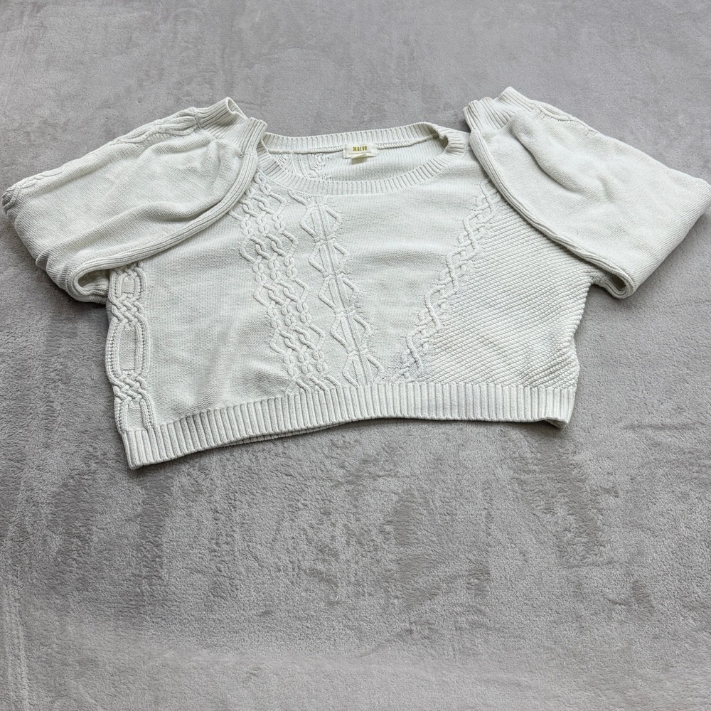 Maeve Sweater Women XL Ivory Cable Knit Cropped Puff Sleeve Scoop Neck